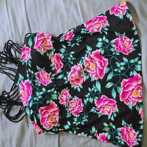 Time and Tru Black Floral Strappy Swimsuit Top